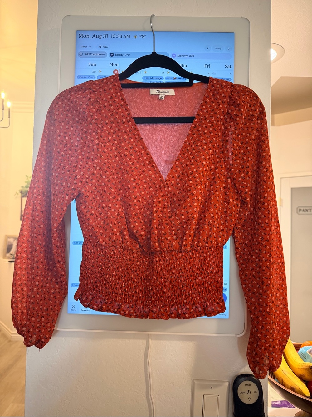Madewell Red Floral Smocked-Waist Blouse | Size XS